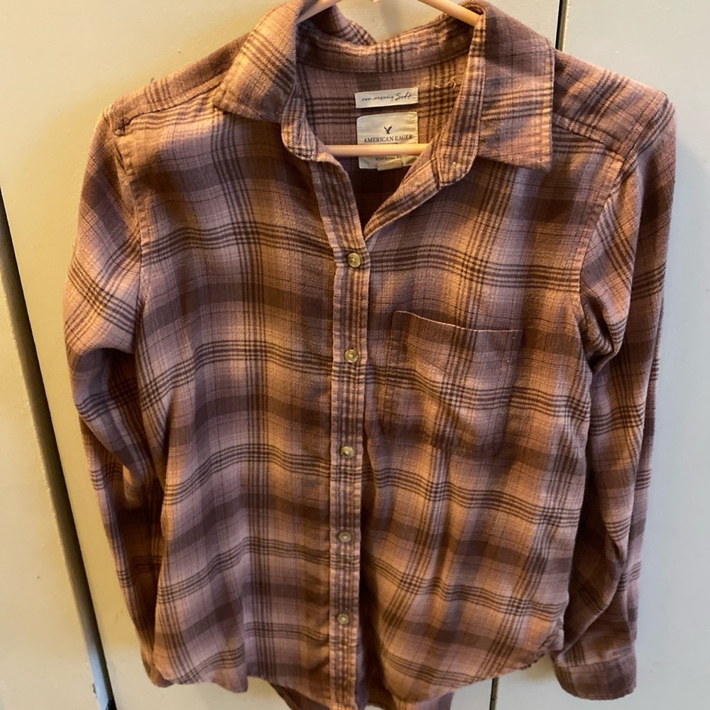 American Eagle Pink and Brown Flannel Shirt